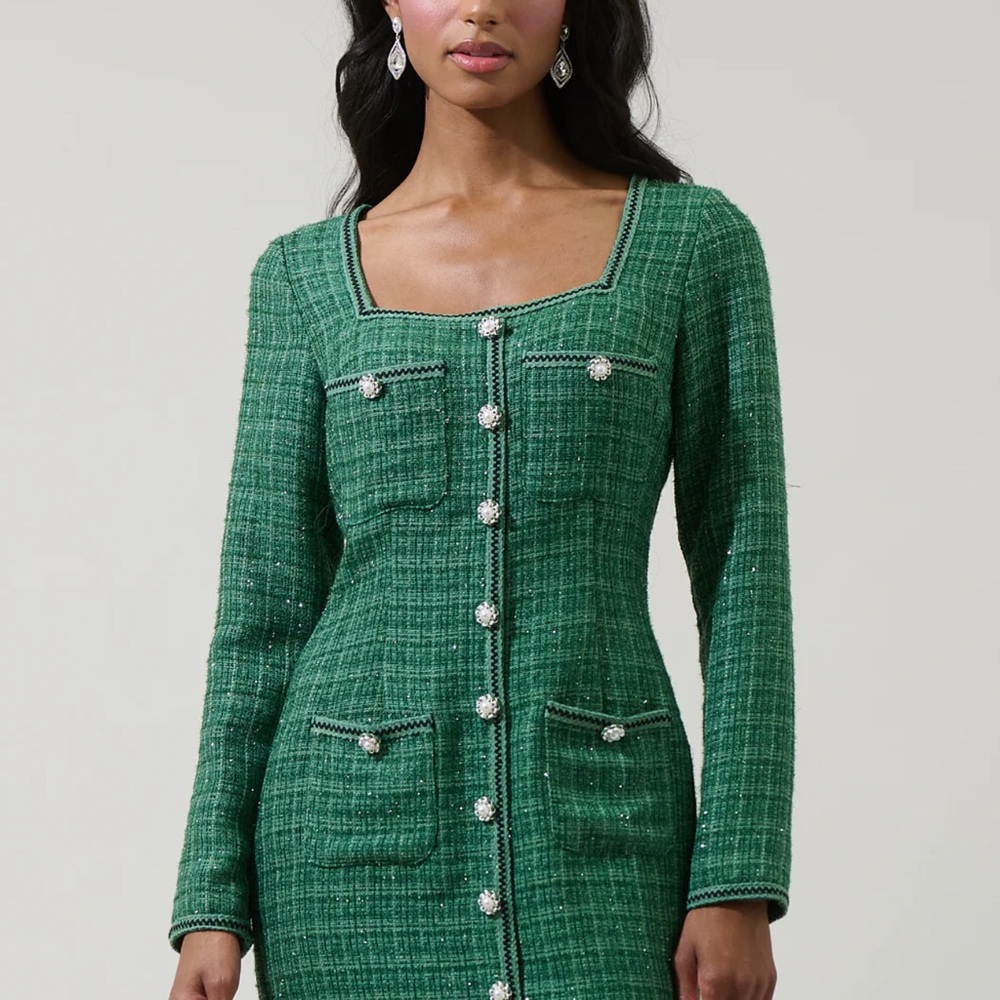 Sugarlips Green Tweed Dress with Pearl Button